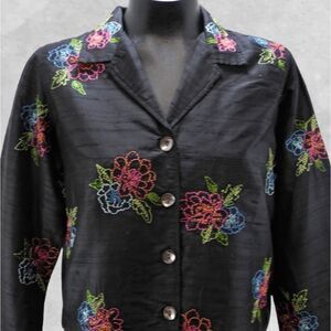Laura Ashley Petite PS Black Silk Floral Embroidered Button-Front Jacket Top